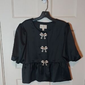 Flora Bea Women's Kaden Top In Ebony Satin Jeweled Bow Top/Jacket SZ Medium